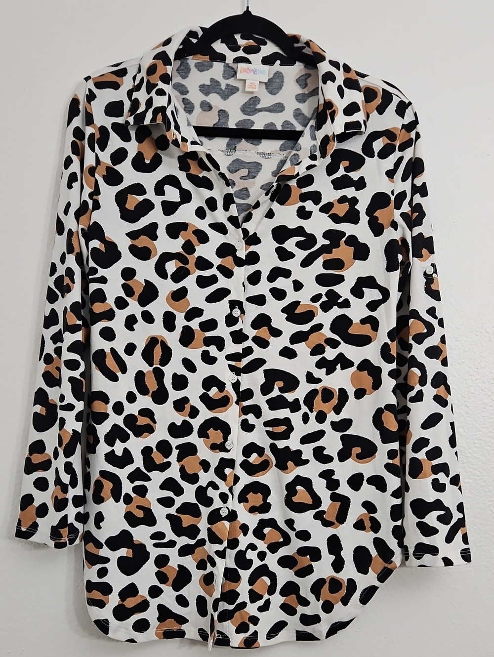 LuLaRoe Leopard Print Button-Down Shirt - White/Tan/Black